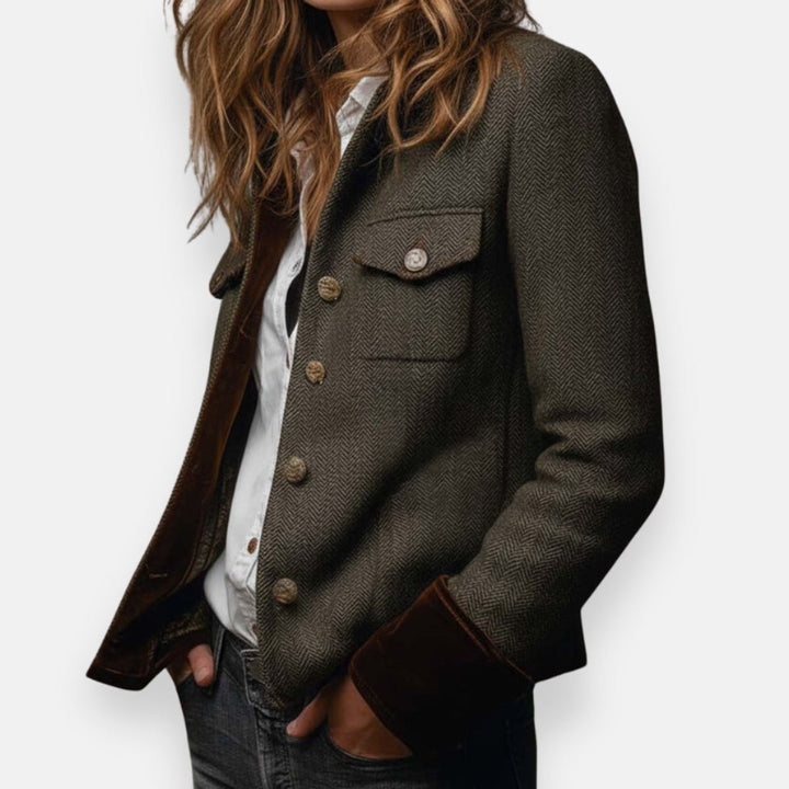 Women's Herringbone Tweed Military-Style Jacket Gold Button