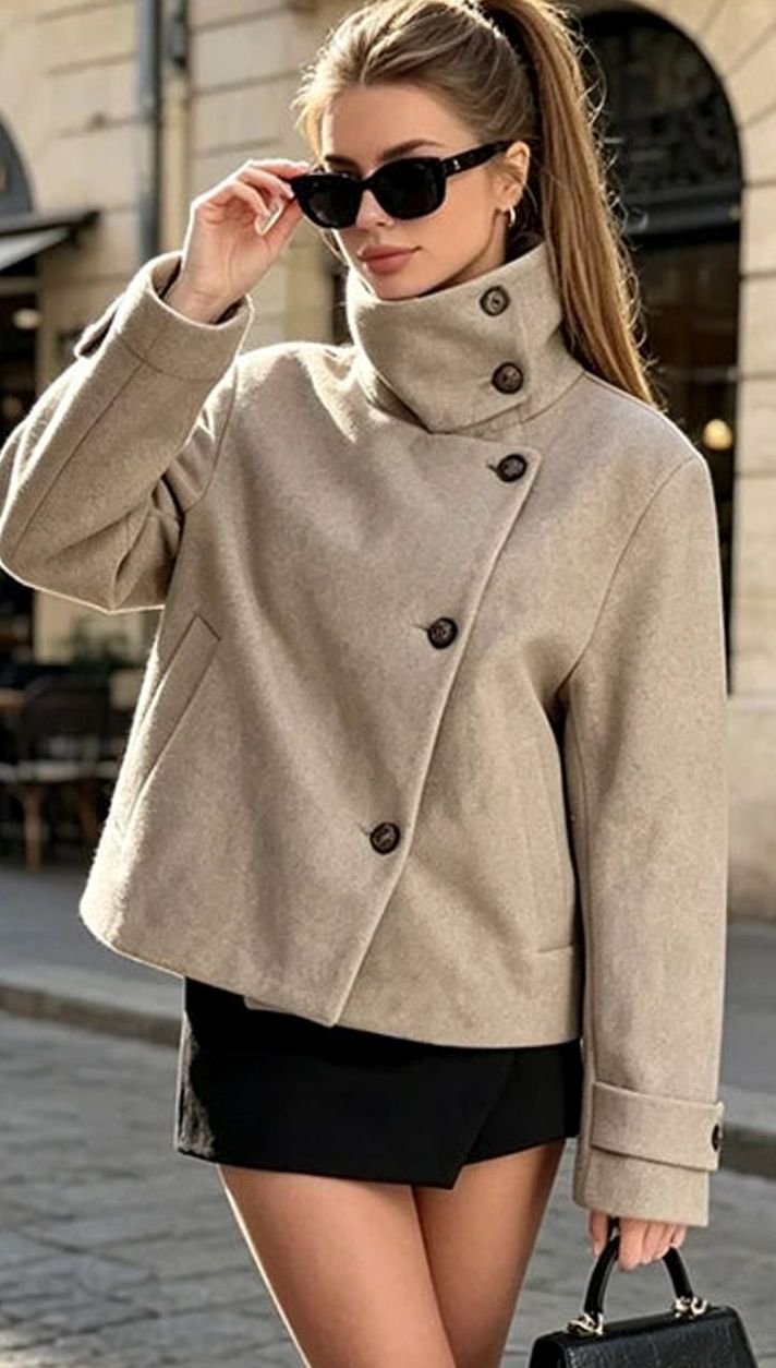 Women's High Neck Wool Blend Stand Collar Button-Front Short Coat
