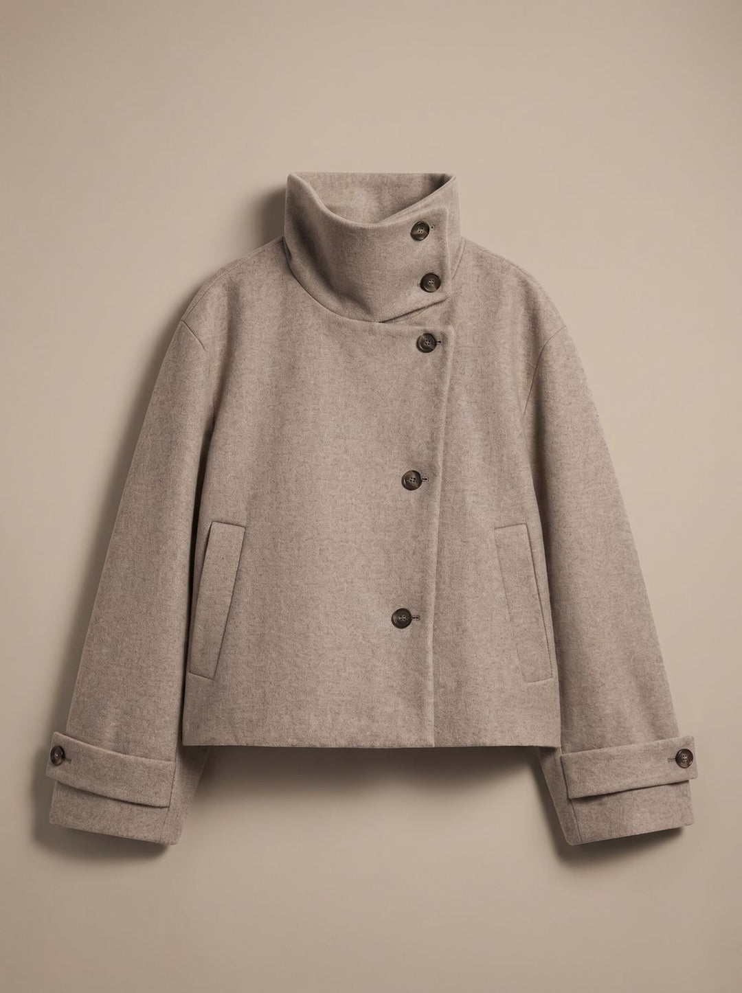 Women's High Neck Wool Blend Stand Collar Button-Front Short Coat - Beige
