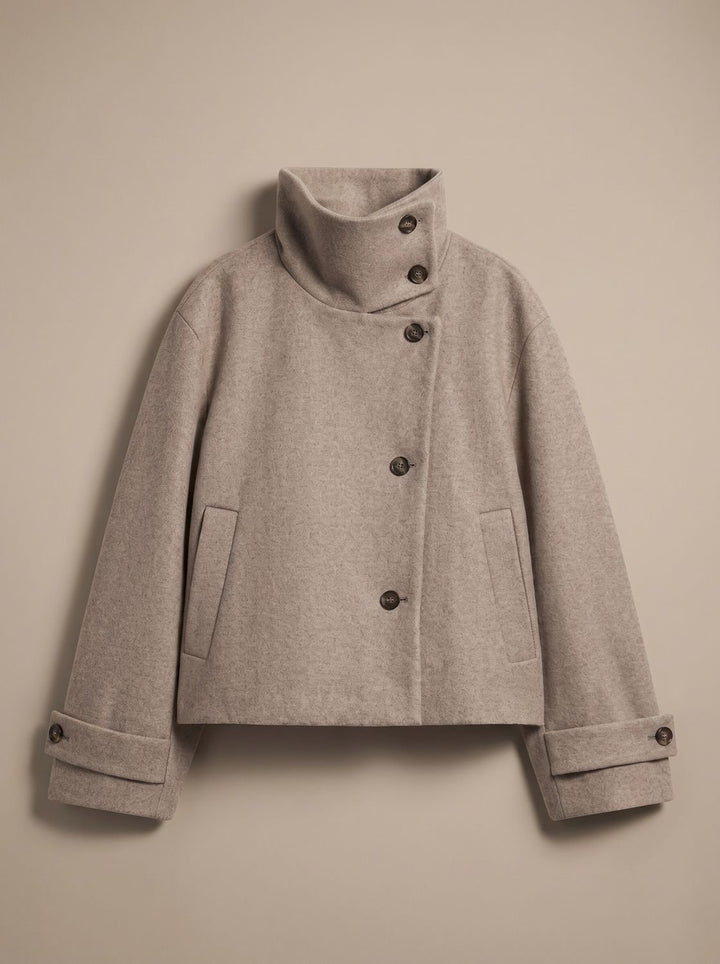 Women's High Neck Wool Blend Stand Collar Button-Front Short Coat - Beige