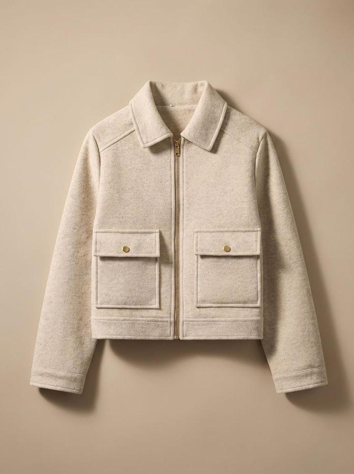 Women's High Neck Wool Blend Stand Collar Button-Front Short Coat - Khaki