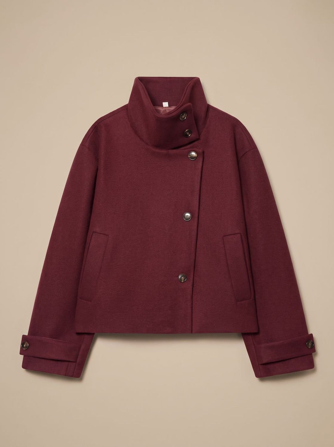 Women's High Neck Wool Blend Stand Collar Button-Front Short Coat - Red