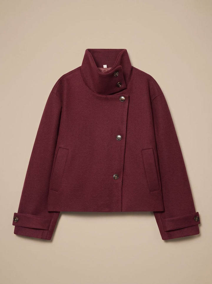 Women's High Neck Wool Blend Stand Collar Button-Front Short Coat - Red