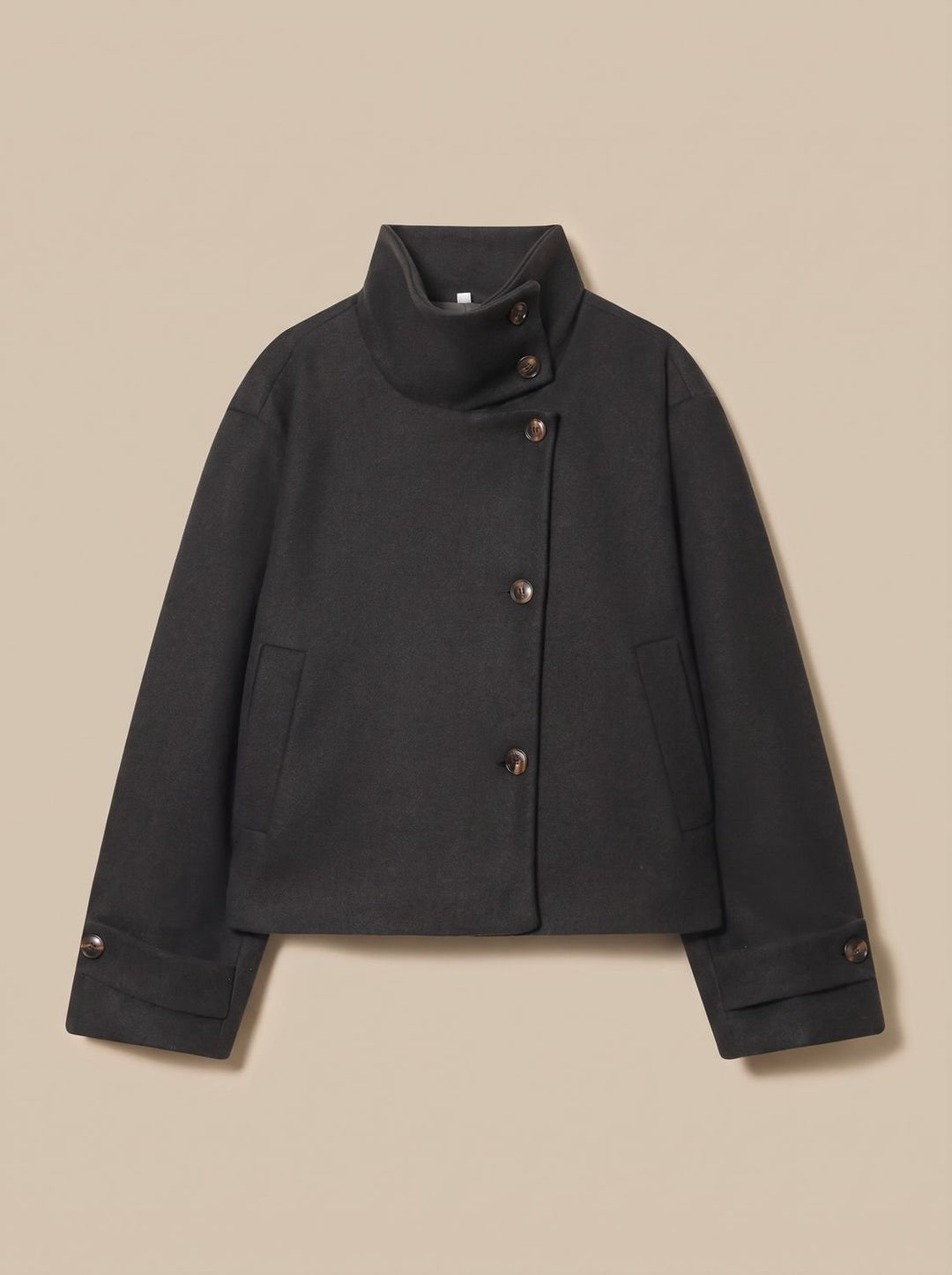 Women's High Neck Wool Blend Stand Collar Button-Front Short Coat - Black