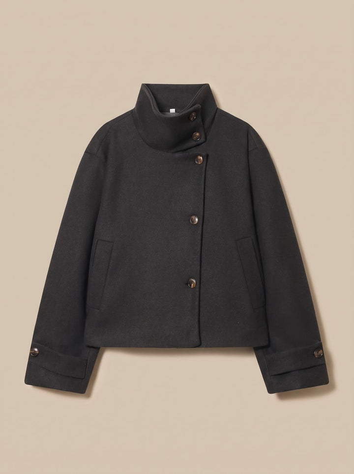 Women's High Neck Wool Blend Stand Collar Button-Front Short Coat - Black