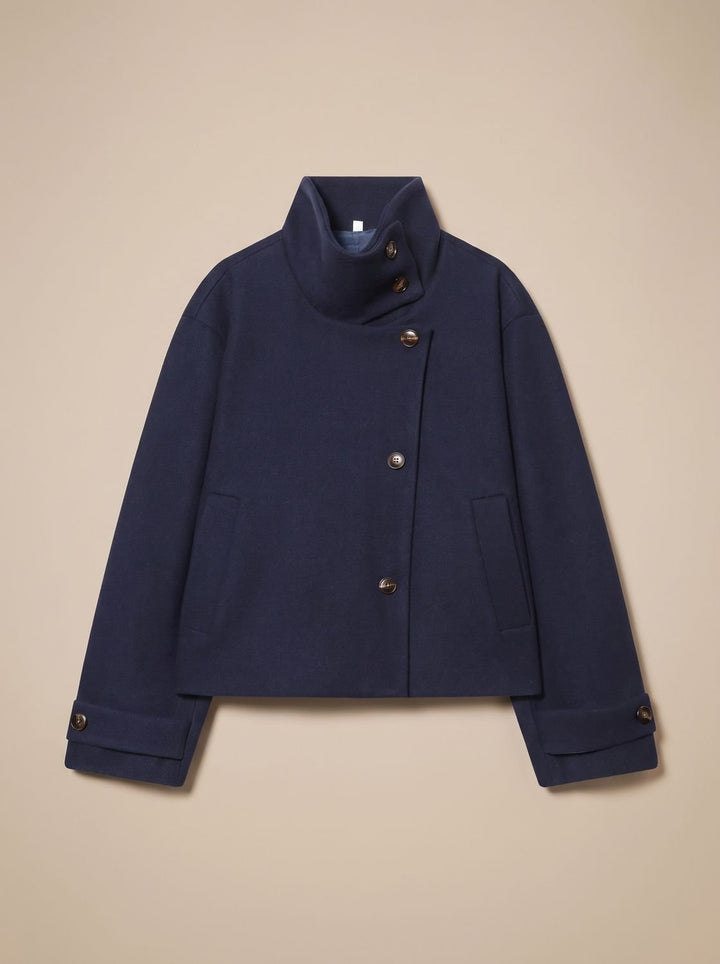 Women's High Neck Wool Blend Stand Collar Button-Front Short Coat - Dark Blue