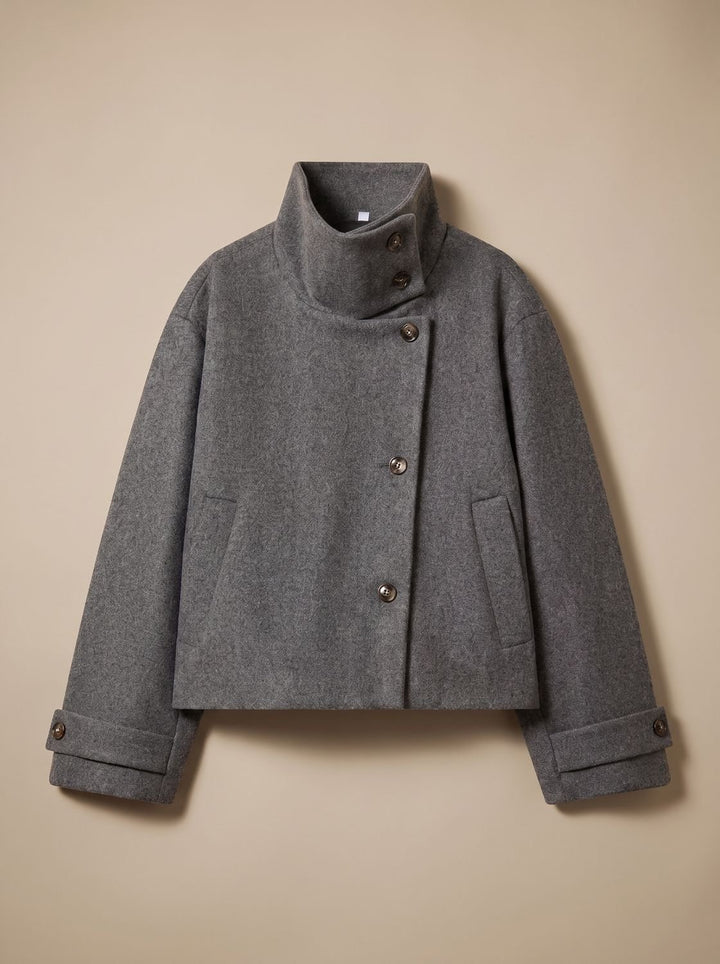 Women's High Neck Wool Blend Stand Collar Button-Front Short Coat - Gray