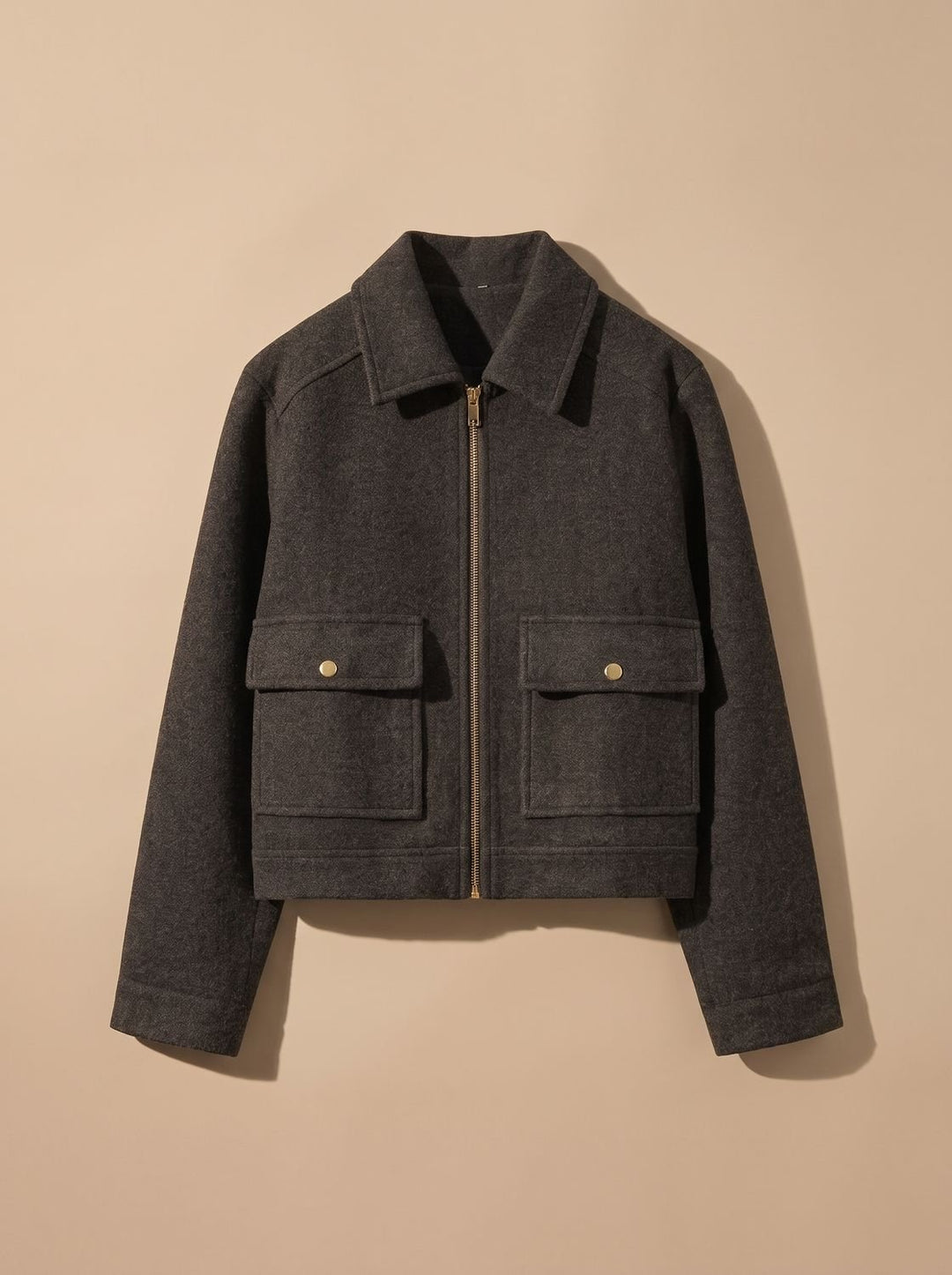 Women's High Neck Wool Blend Stand Collar Button-Front Short Coat - Gray Black