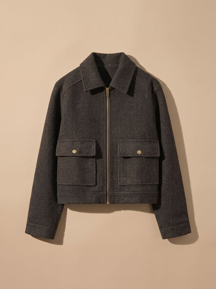 Women's High Neck Wool Blend Stand Collar Button-Front Short Coat - Gray Black
