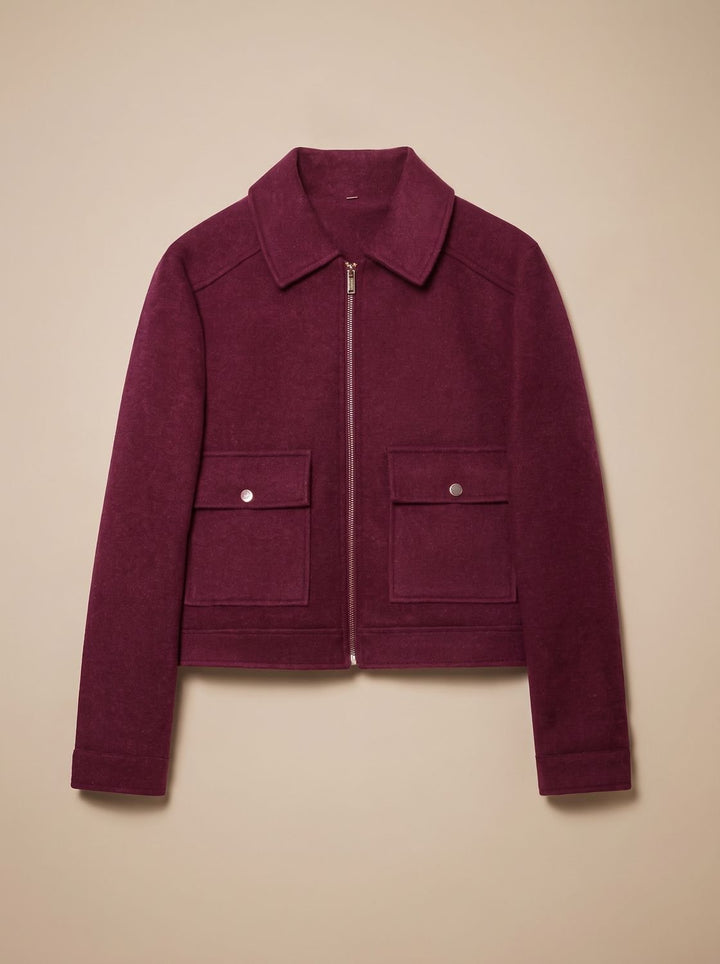 Women's High Neck Wool Blend Stand Collar Button-Front Short Coat - Burgundy