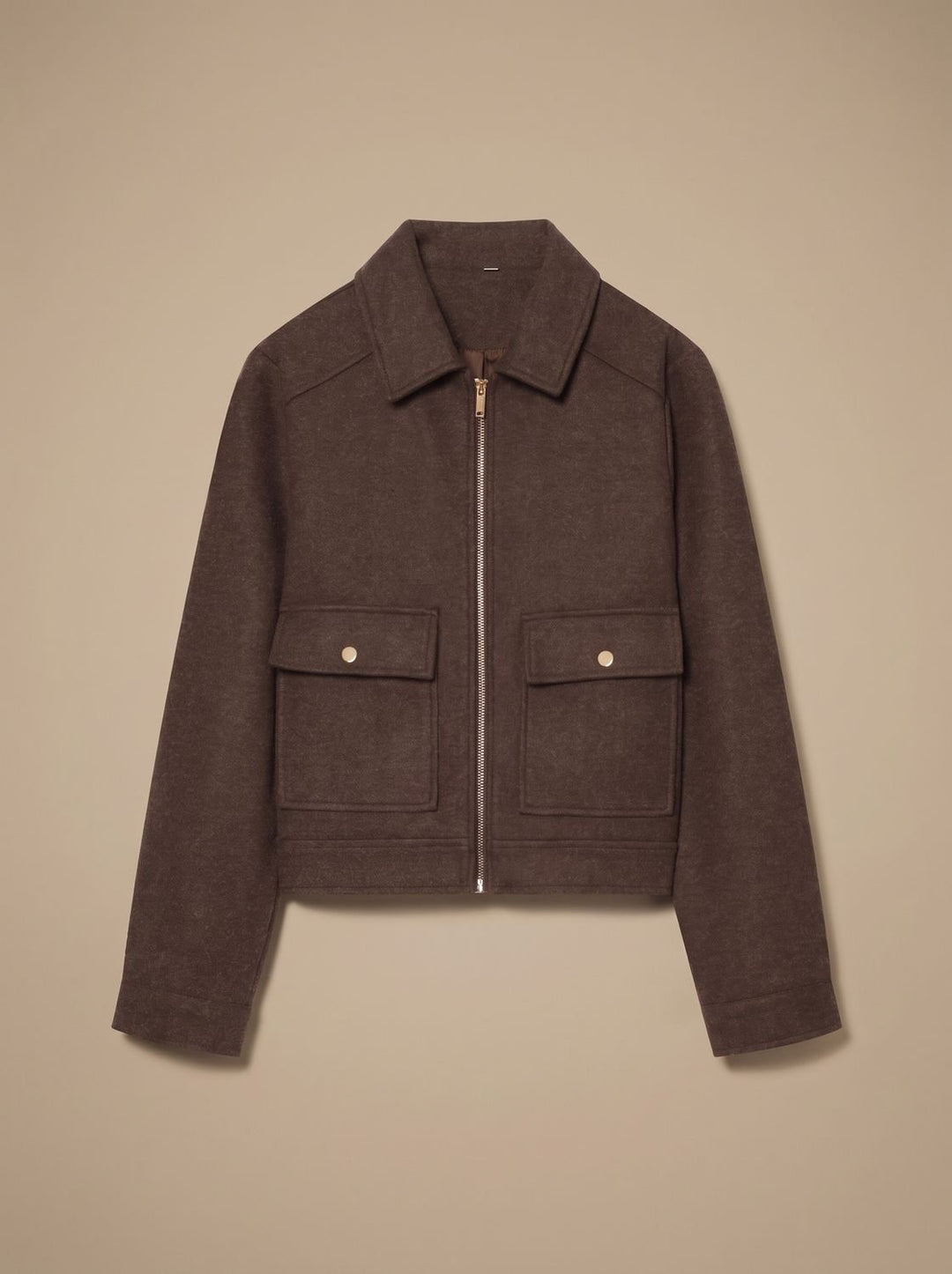 Women's High Neck Wool Blend Stand Collar Button-Front Short Coat - Brown