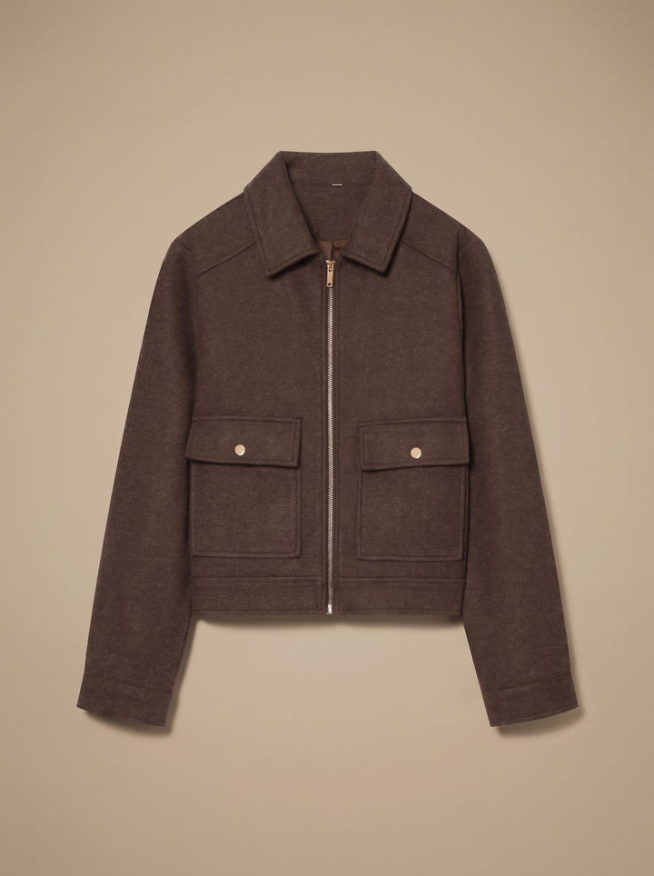 Women's High Neck Wool Blend Stand Collar Button-Front Short Coat - Brown