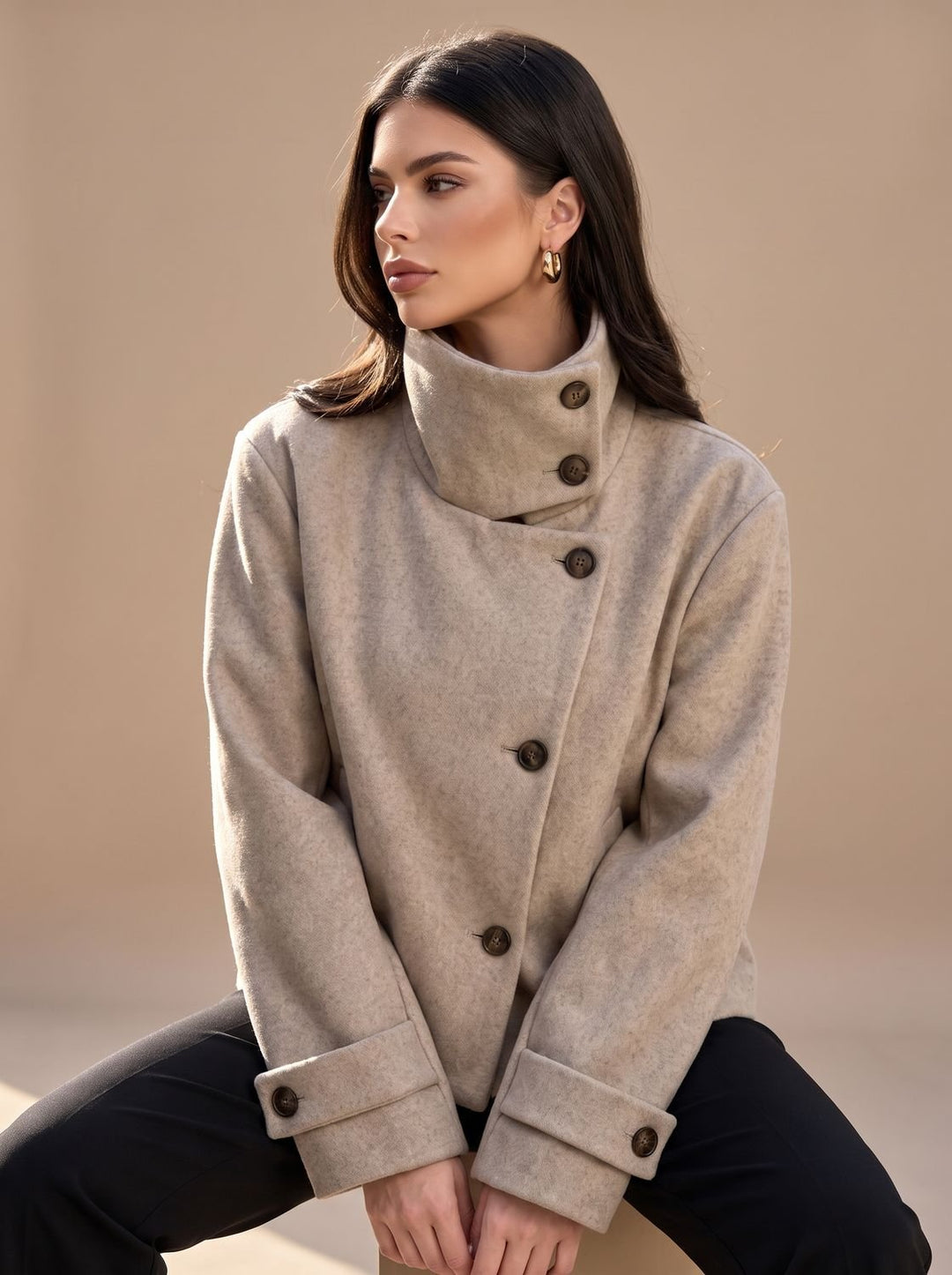 Women's High Neck Wool Blend Stand Collar Button-Front Short Coat