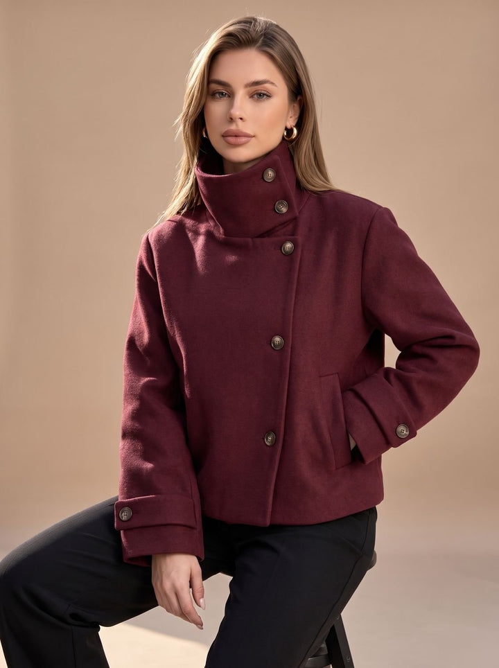 Women's High Neck Wool Blend Stand Collar Button-Front Short Coat