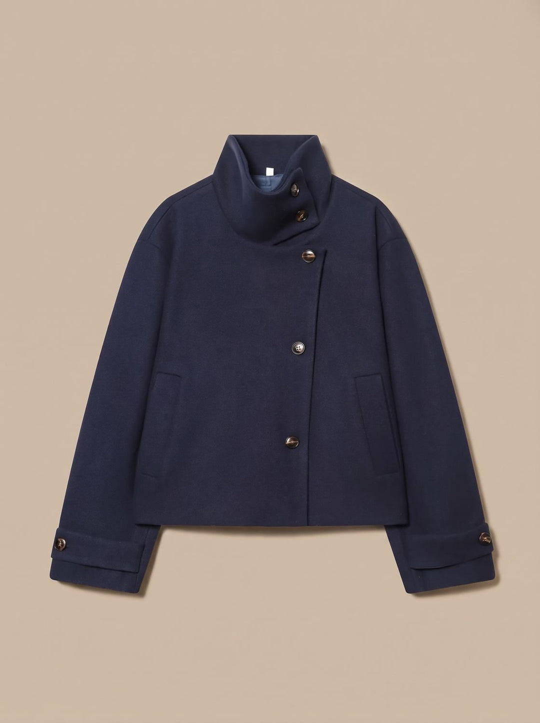 Women's High Neck Wool Blend Stand Collar Button-Front Short Coat