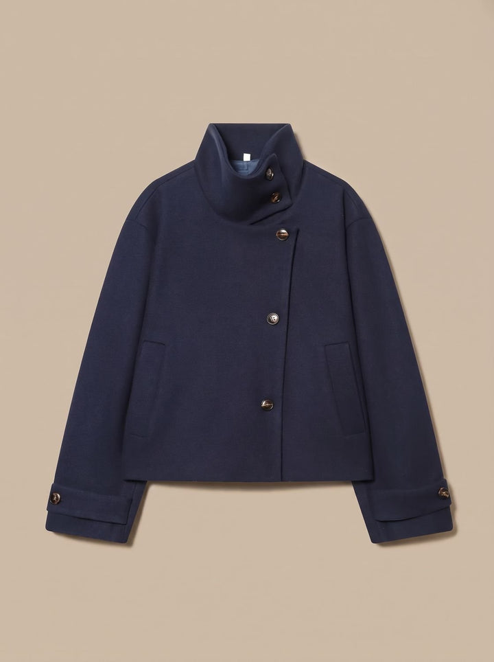 Women's High Neck Wool Blend Stand Collar Button-Front Short Coat