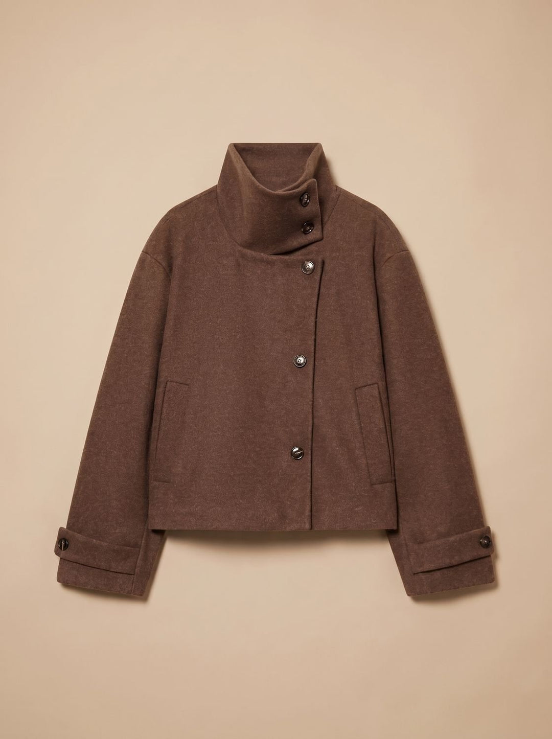 Women's High Neck Wool Blend Stand Collar Button-Front Short Coat