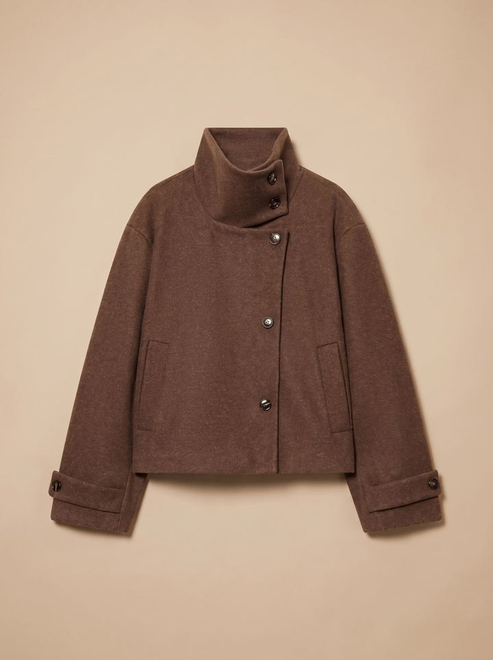 Women's High Neck Wool Blend Stand Collar Button-Front Short Coat
