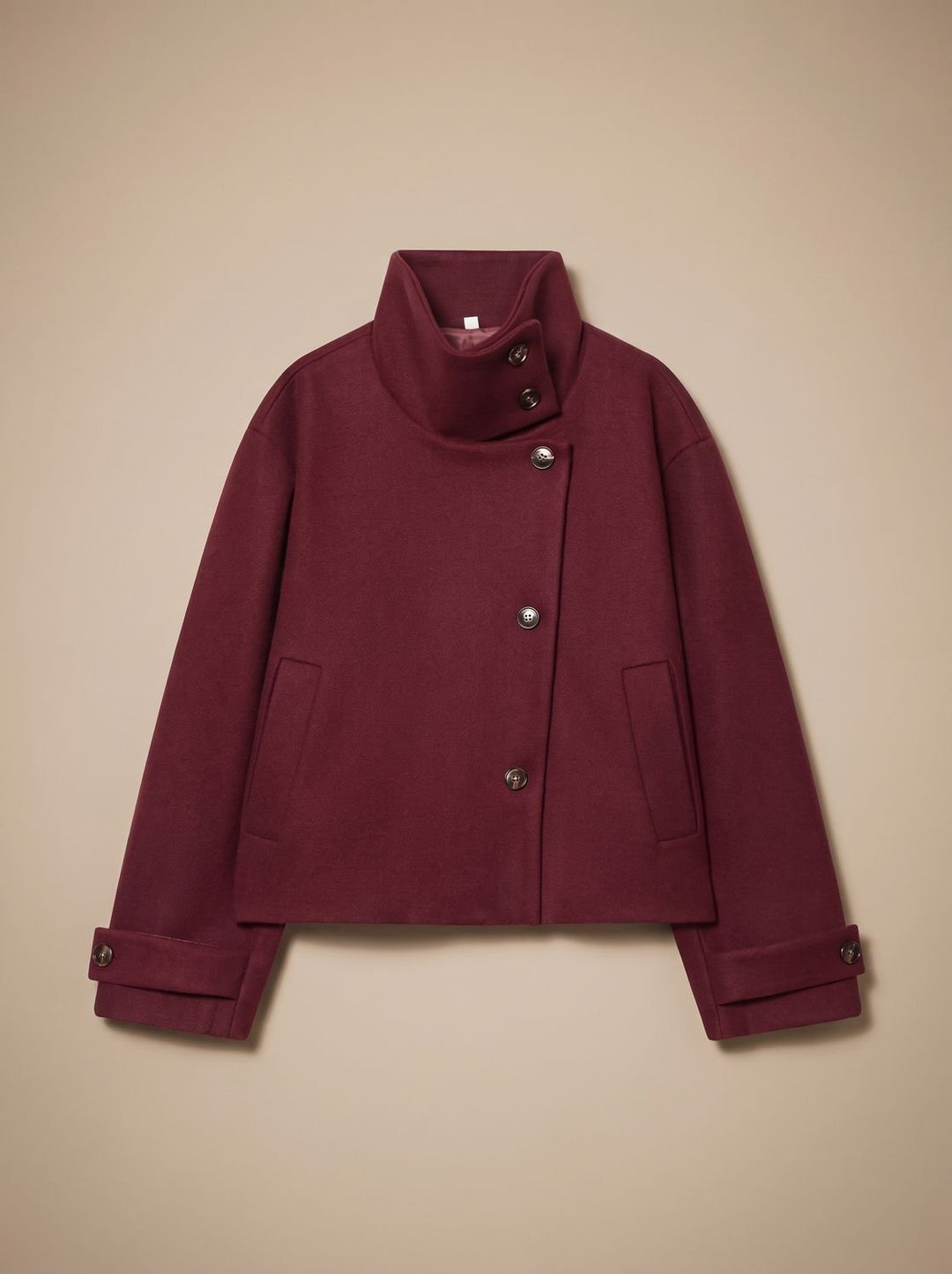 Women's High Neck Wool Blend Stand Collar Button-Front Short Coat