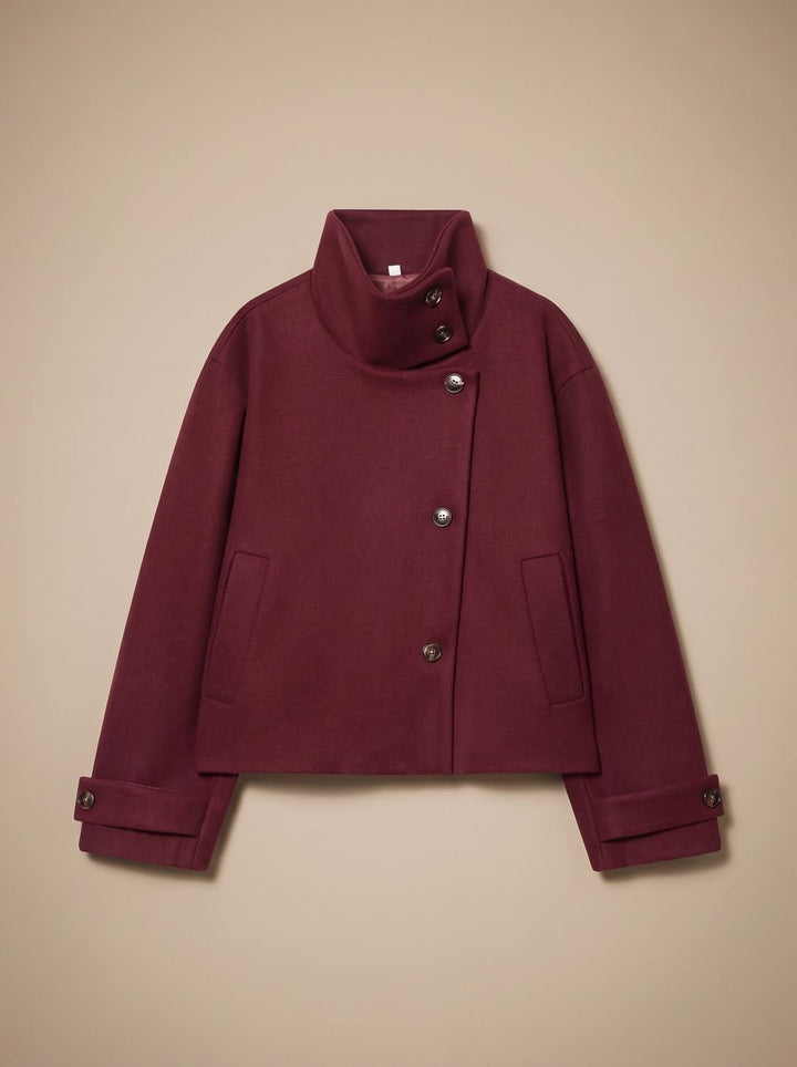 Women's High Neck Wool Blend Stand Collar Button-Front Short Coat