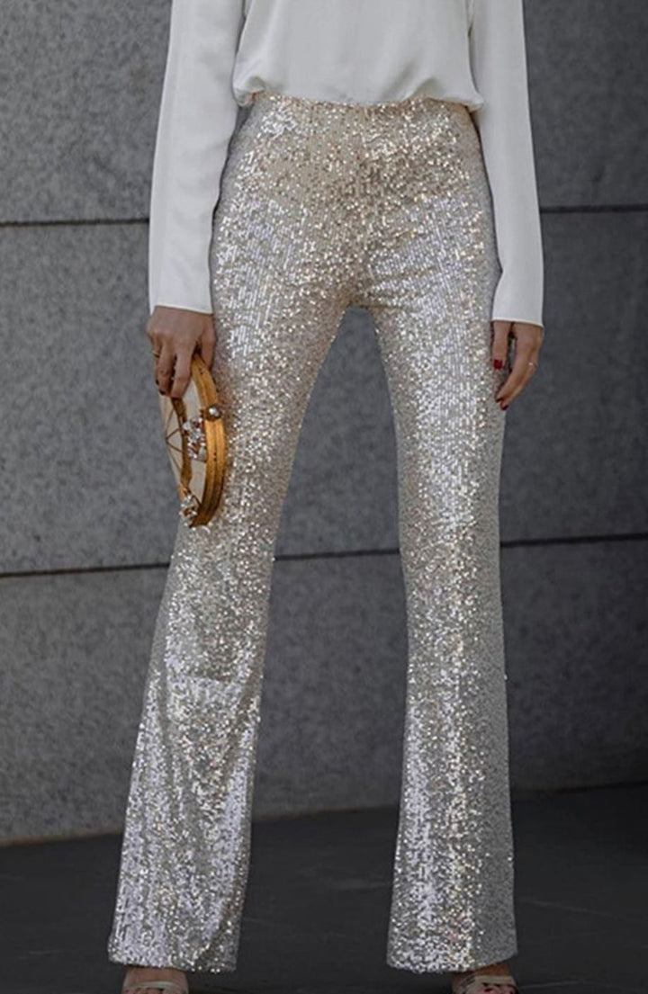 Women's High-Rise Flared Sequin Trousers Glam Party Pants - Champagne