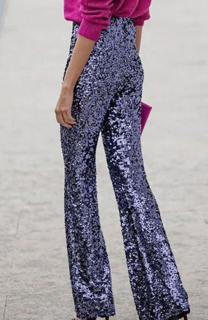 Women's High-Rise Flared Sequin Trousers Glam Party Pants - Dark Blue