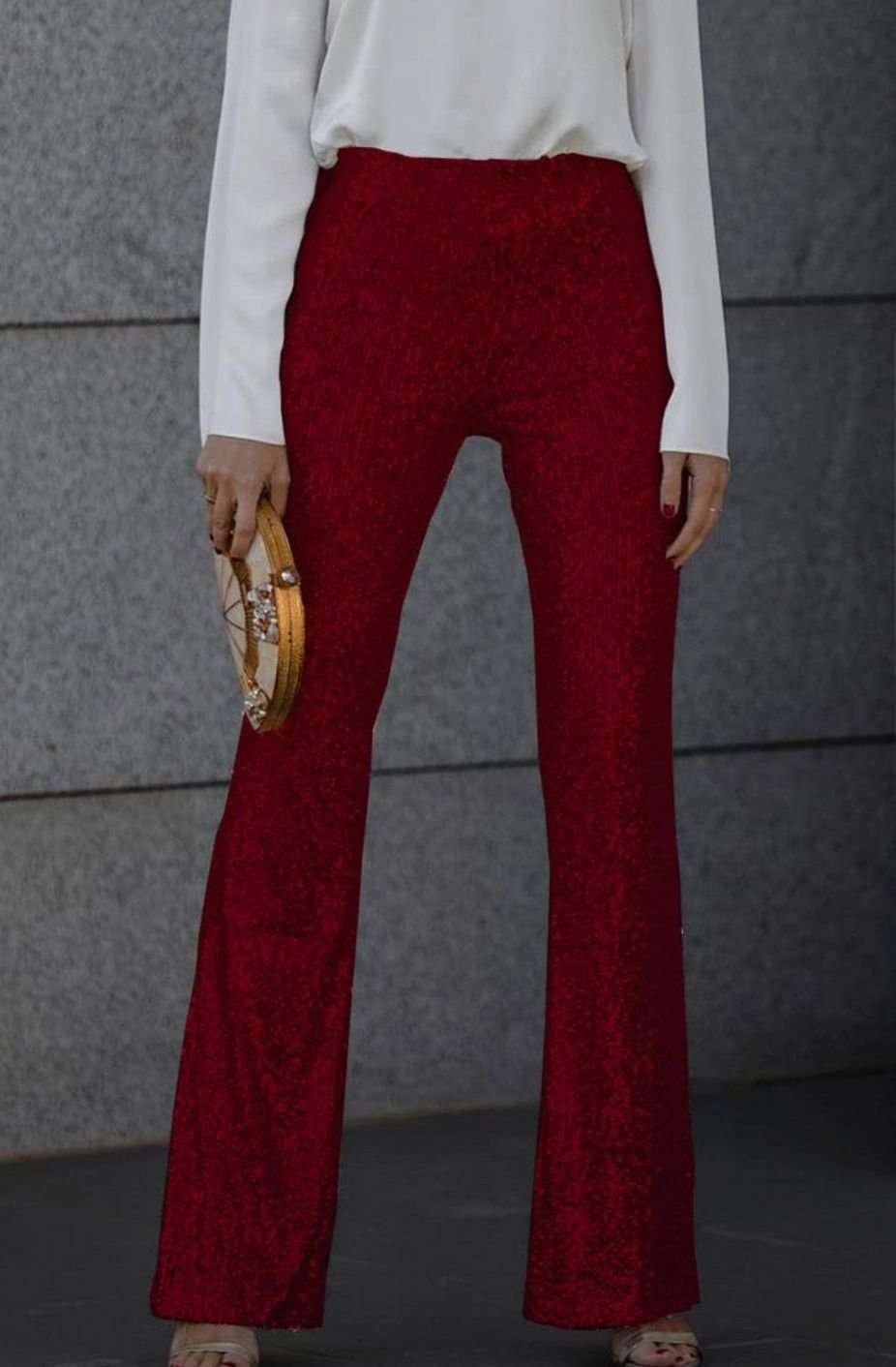Women's High-Rise Flared Sequin Trousers Glam Party Pants - Wine Red