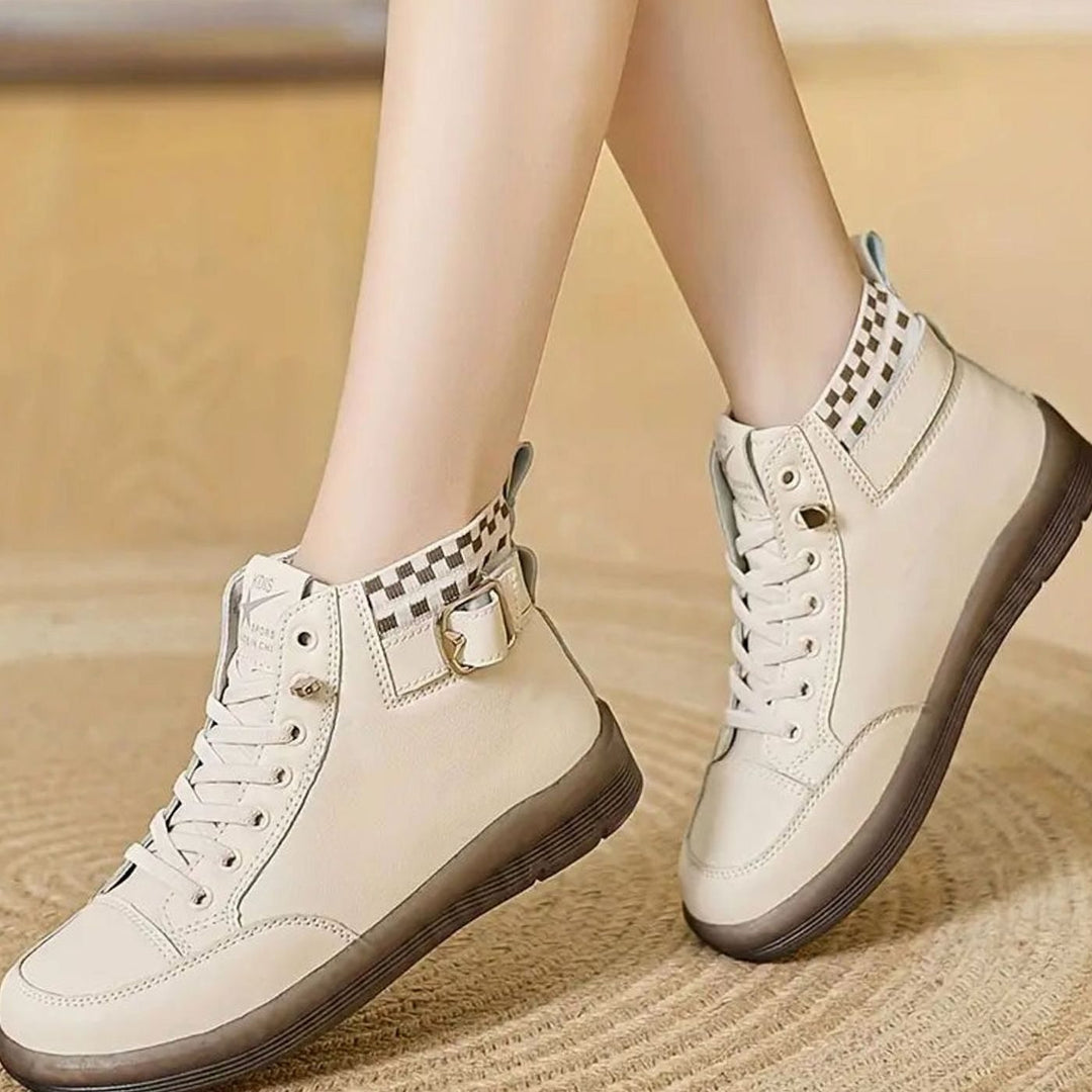 Women's High-Top Lace-Up Buckle Strap Ankle Sneaker Boots - Beige