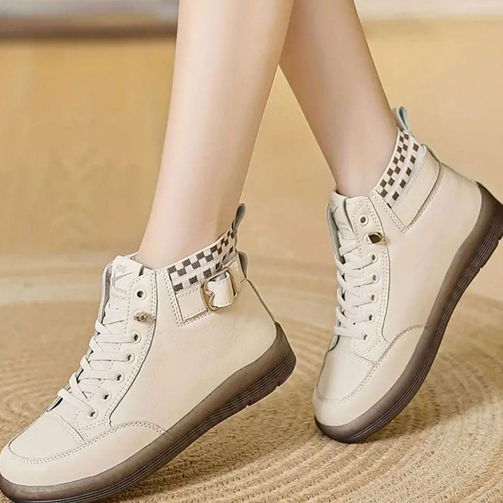 Women's High-Top Lace-Up Buckle Strap Ankle Sneaker Boots - Beige