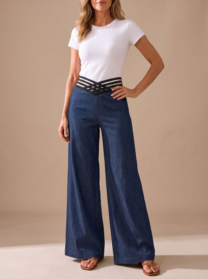 Women's High-Waist Crossover-Waistband Wide-Leg Pants - Navy Blue