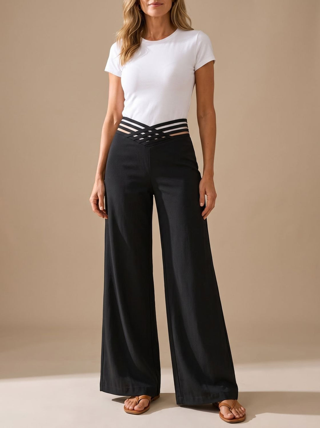 Women's High-Waist Crossover-Waistband Wide-Leg Pants - Black