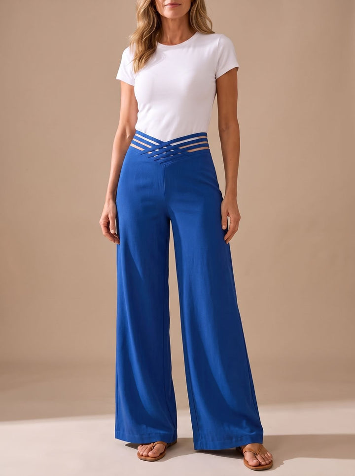 Women's High-Waist Crossover-Waistband Wide-Leg Pants - Blue