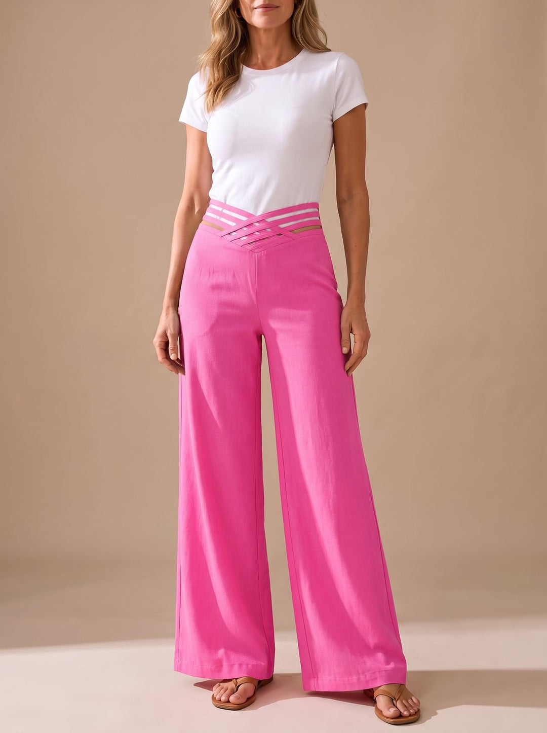 Women's High-Waist Crossover-Waistband Wide-Leg Pants - Fuchsia