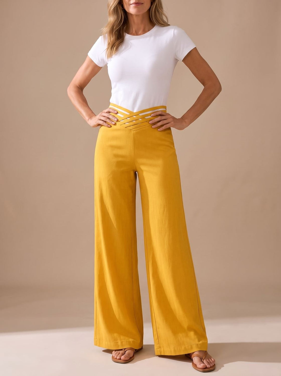Women's High-Waist Crossover-Waistband Wide-Leg Pants - Yellow