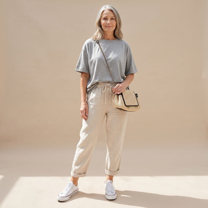 Women's High-Waist Drawstring Linen Jogger Pants - Beige