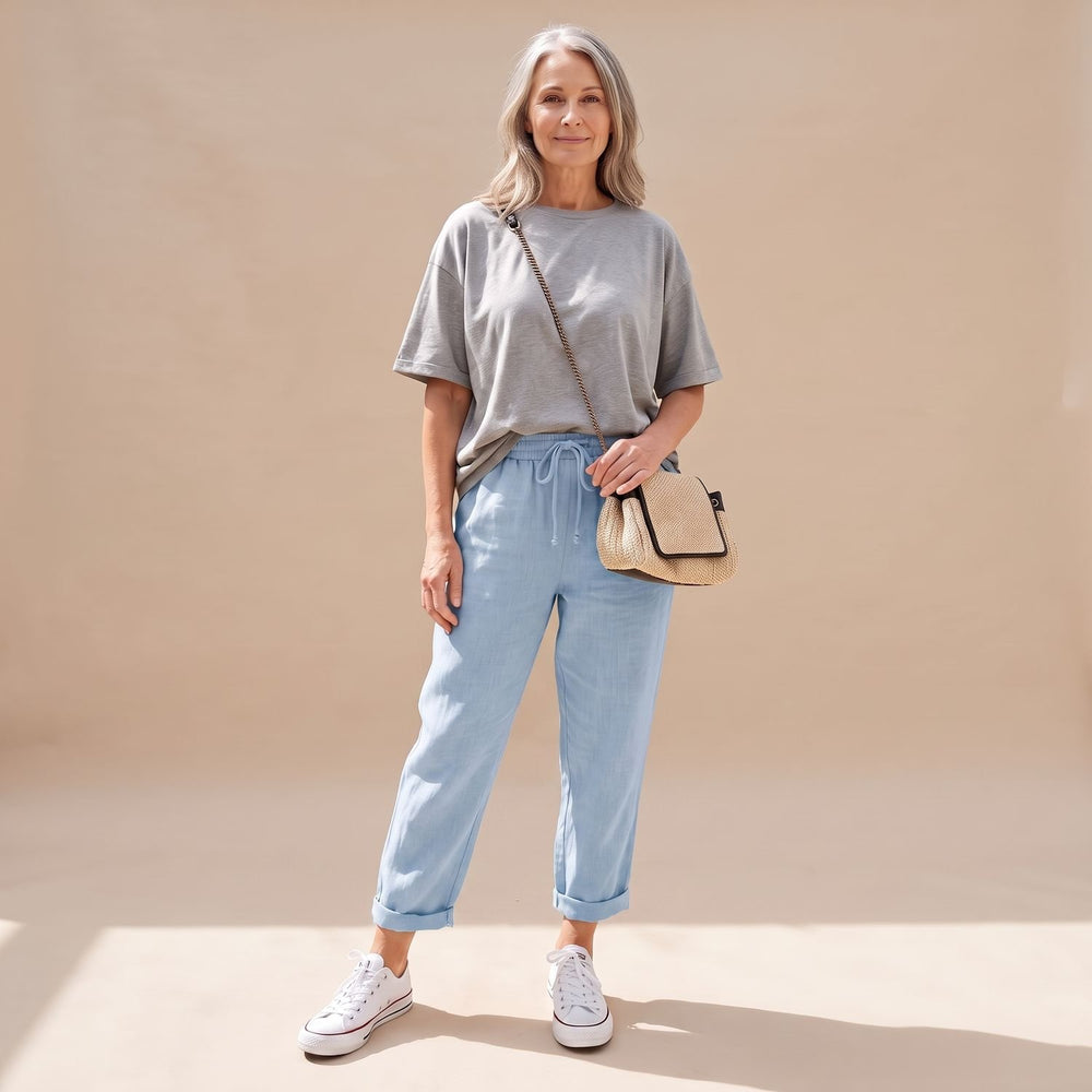 Women's High-Waist Drawstring Linen Jogger Pants - Blue