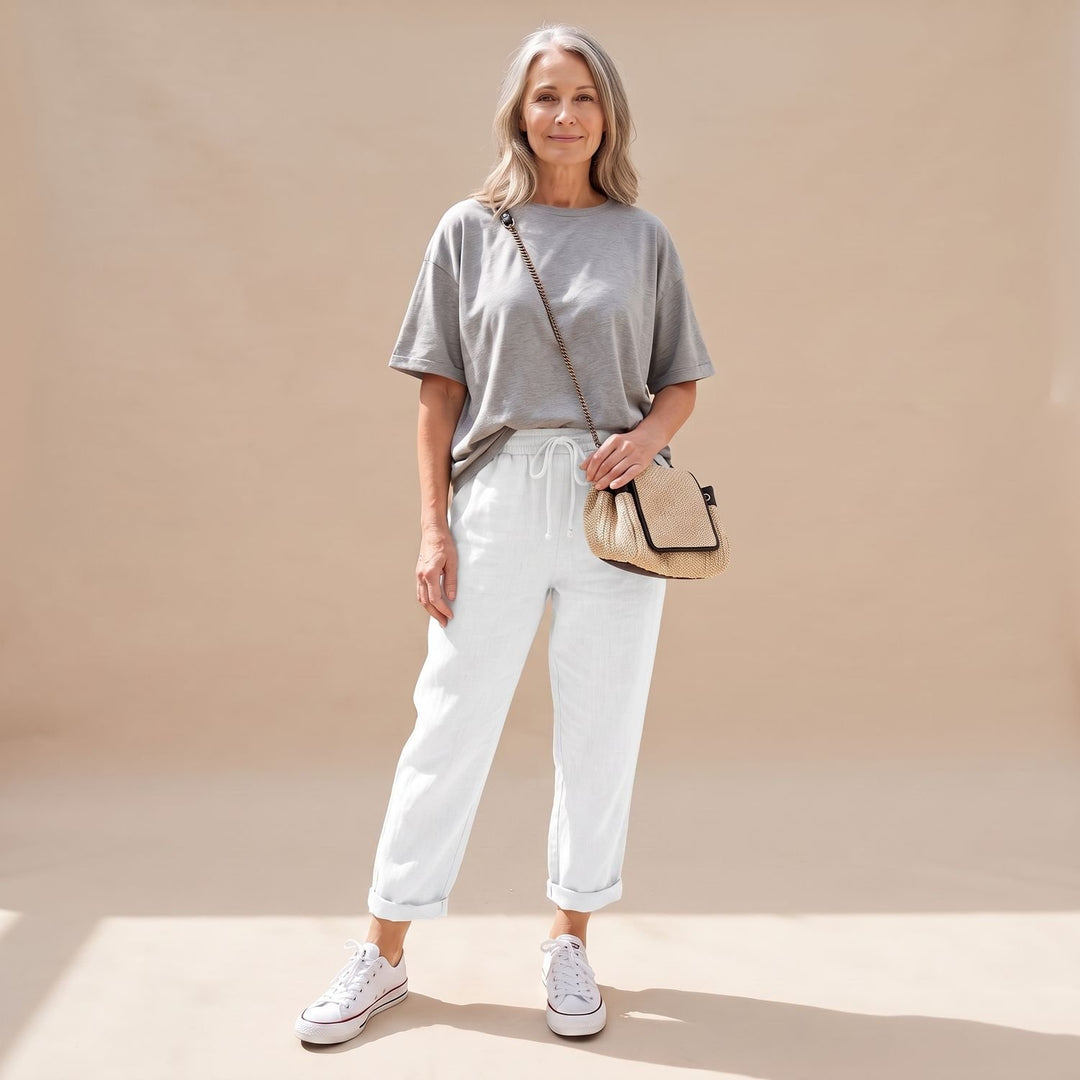 Women's High-Waist Drawstring Linen Jogger Pants - White