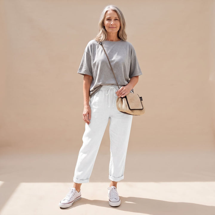 Women's High-Waist Drawstring Linen Jogger Pants - White