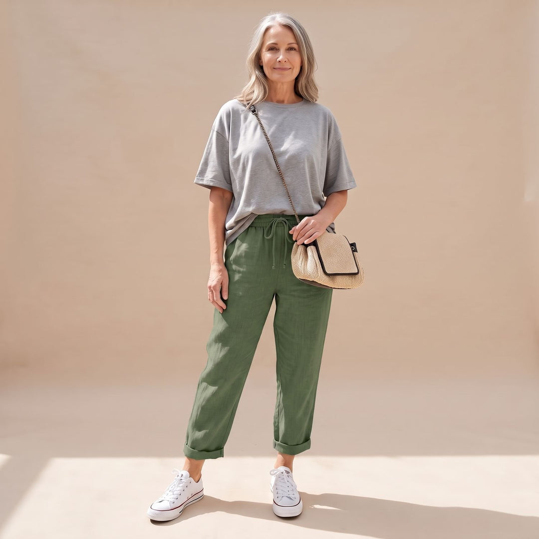 Women's High-Waist Drawstring Linen Jogger Pants - Green