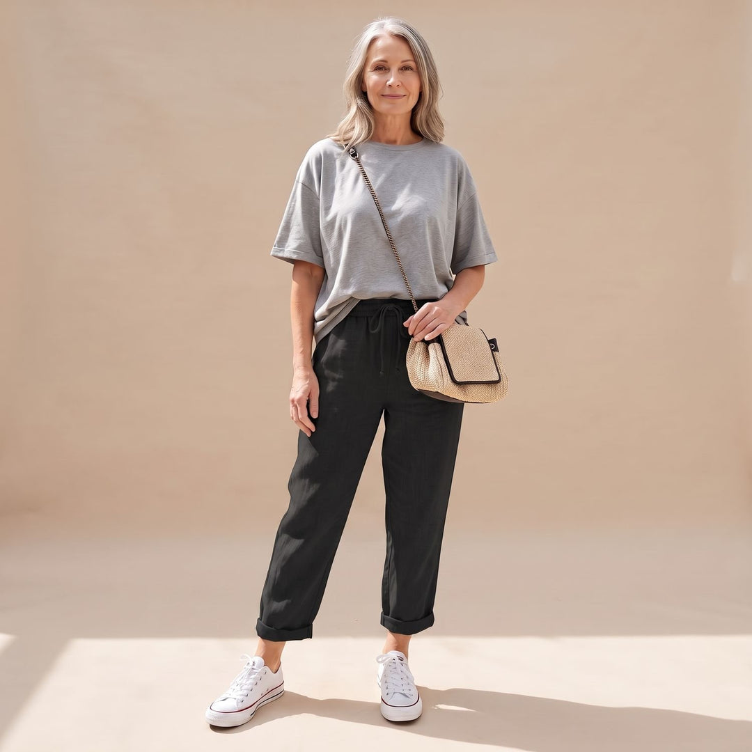 Women's High-Waist Drawstring Linen Jogger Pants - Black
