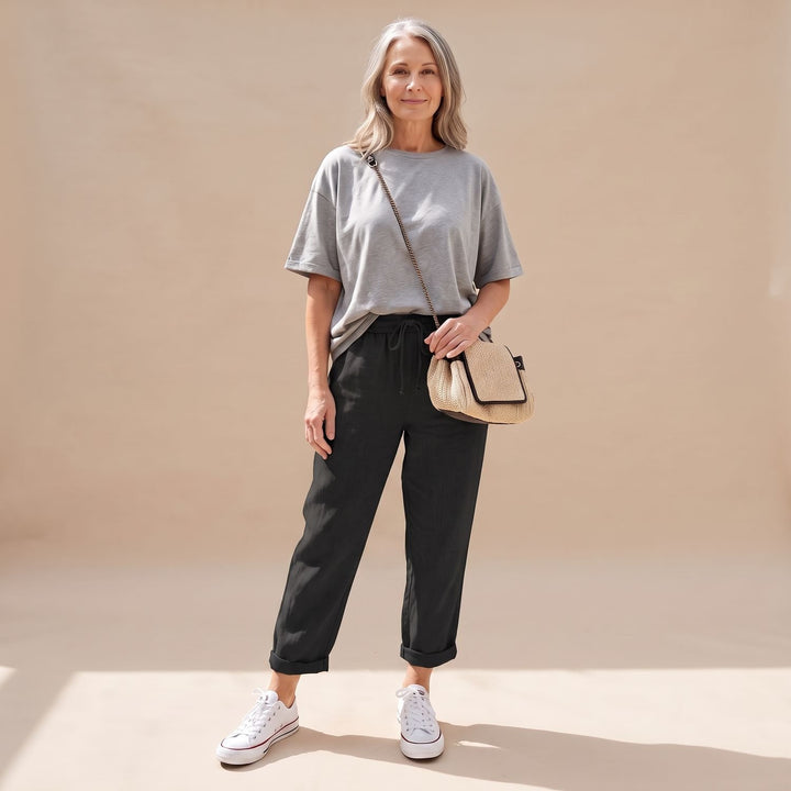 Women's High-Waist Drawstring Linen Jogger Pants - Black