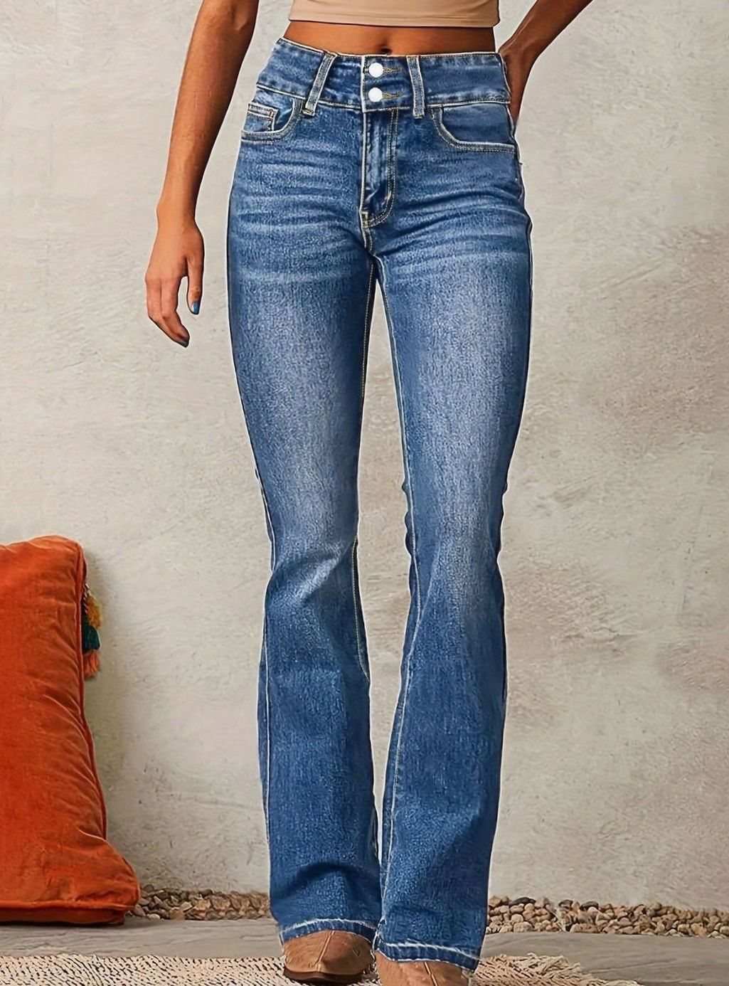 Women's High-Waist Flare Bootcut Pants Stretch Denim Jeans - Sea Blue