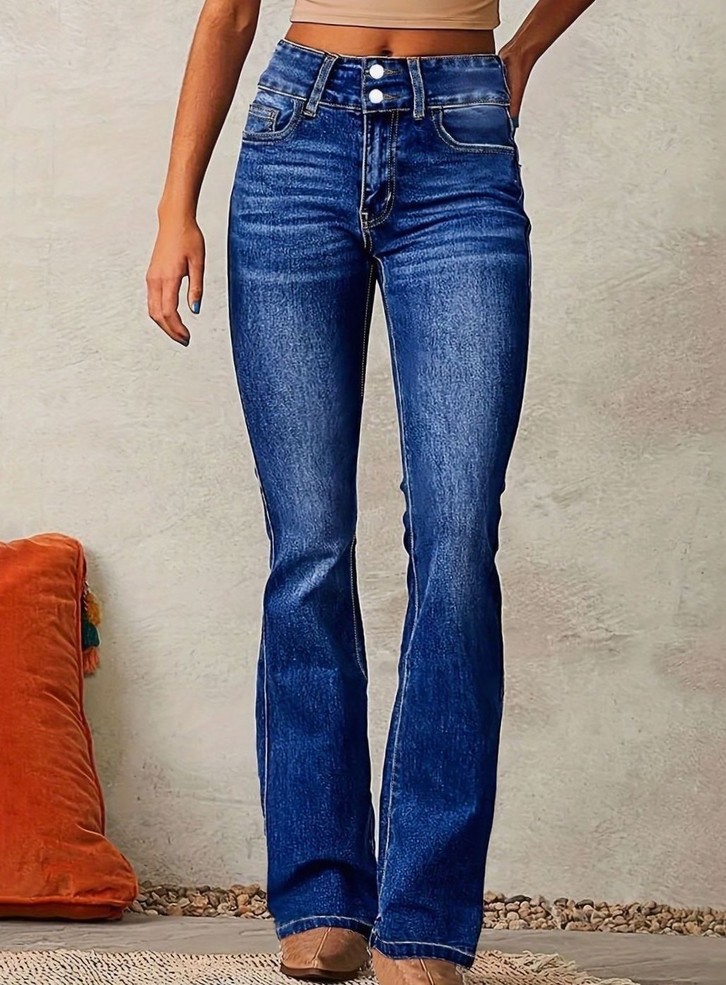 Women's High-Waist Flare Bootcut Pants Stretch Denim Jeans - Dark Blue
