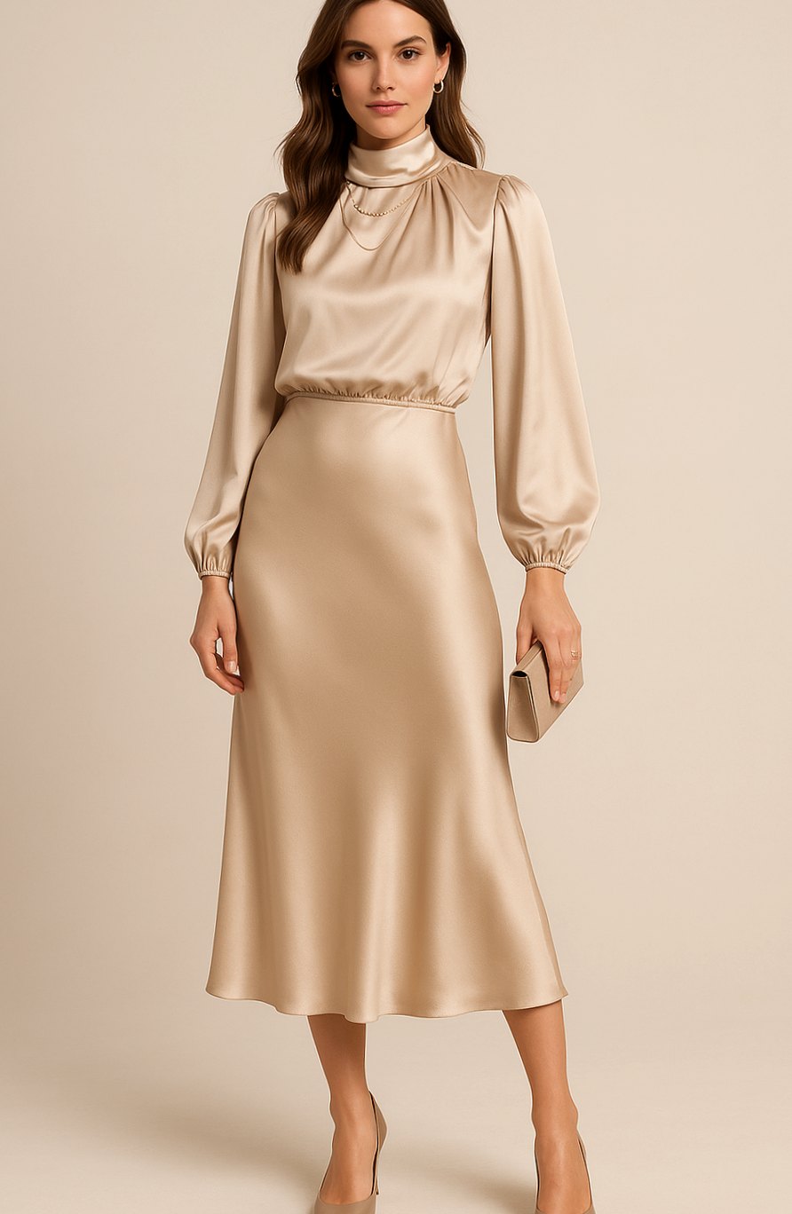 Women's High-Waist Mock-Neck Satin Midi Dress - Apricot