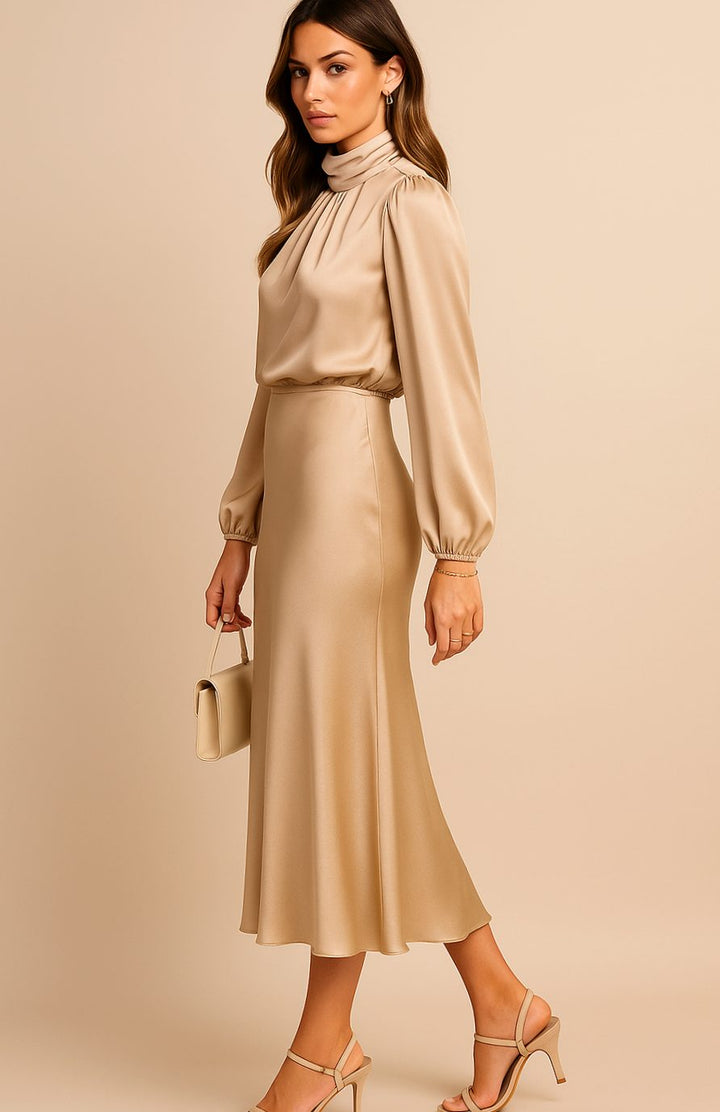 Women's High-Waist Mock-Neck Satin Midi Dress