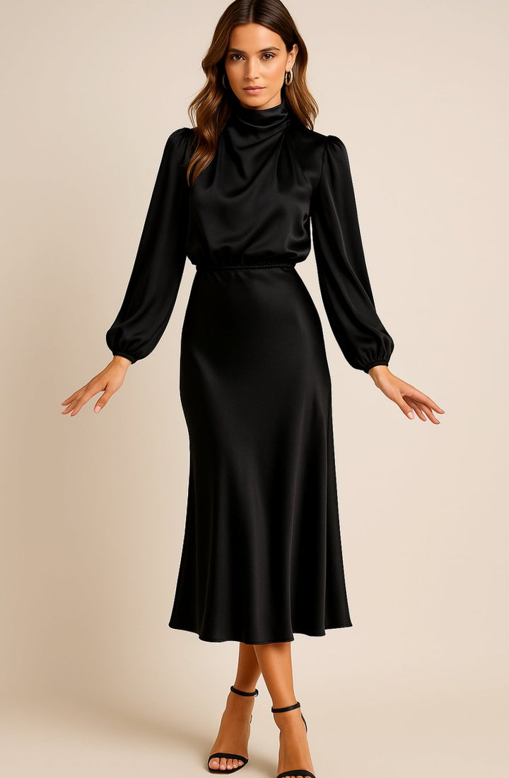 Women's High-Waist Mock-Neck Satin Midi Dress - Black
