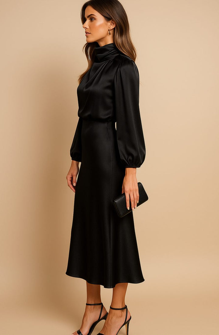 Women's High-Waist Mock-Neck Satin Midi Dress