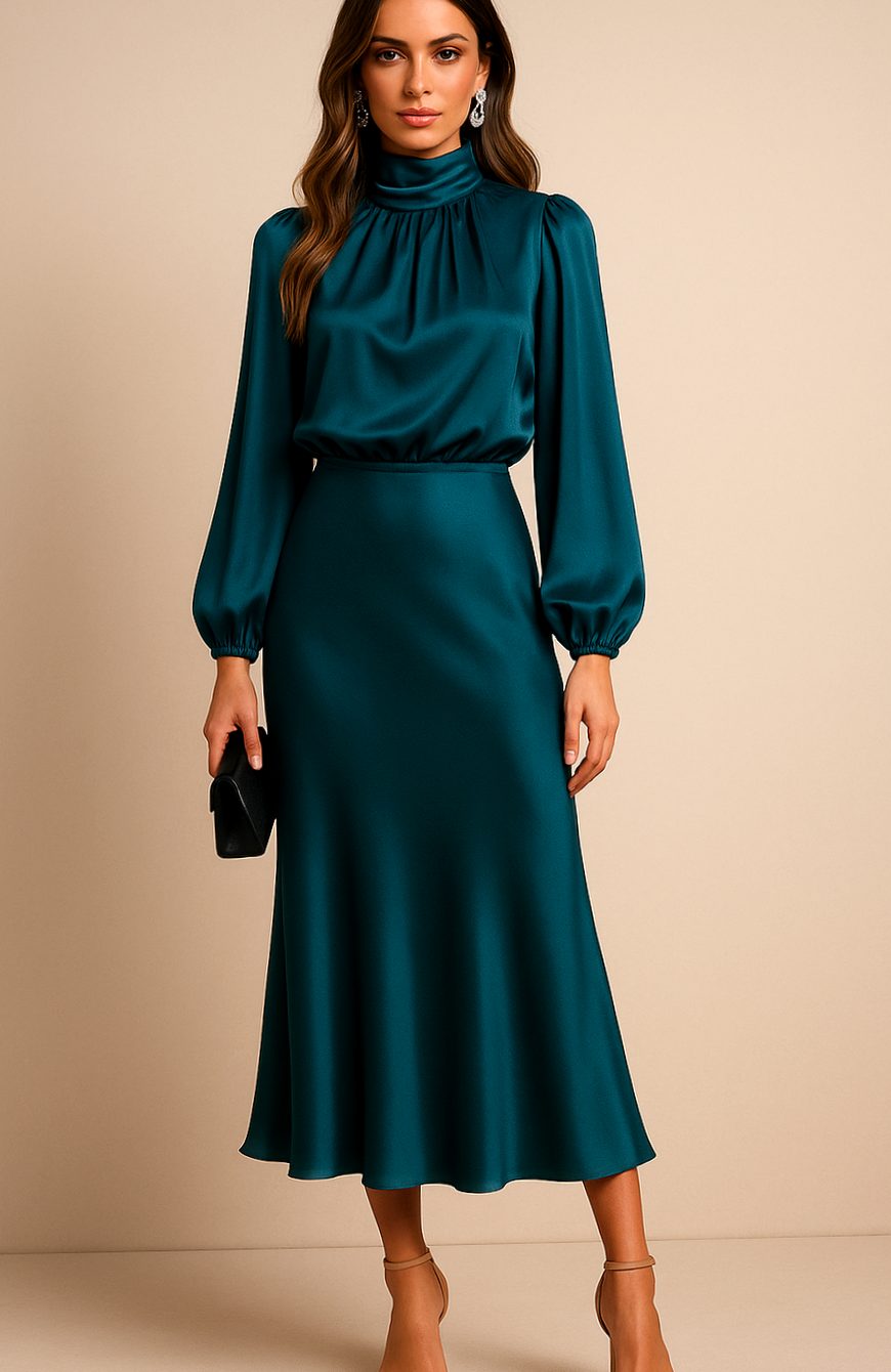Women's High-Waist Mock-Neck Satin Midi Dress