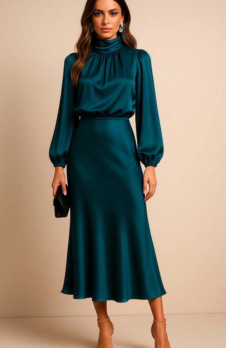 Women's High-Waist Mock-Neck Satin Midi Dress