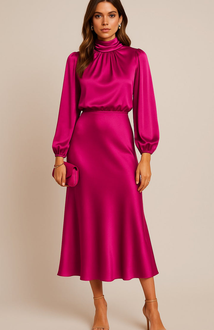 Women's High-Waist Mock-Neck Satin Midi Dress - Pink